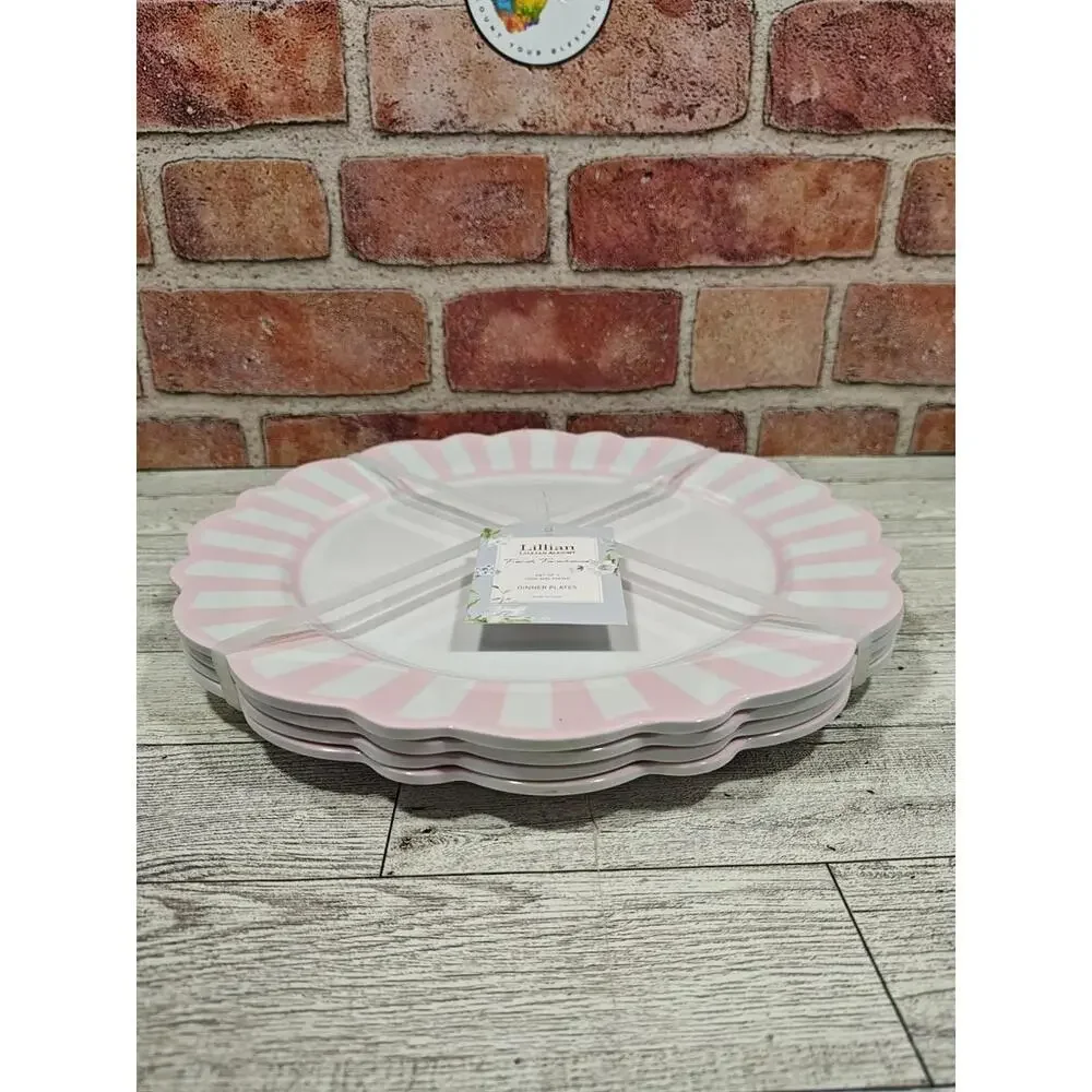 Lillian August French Farmhouse Pink/White Melamine Dinner Plates 11